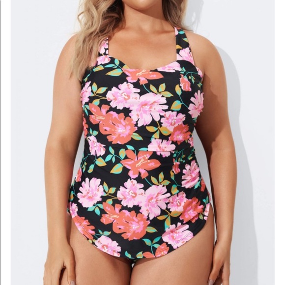 Flower Sarong Front One Piece Swimsuit, 2X - Picture 1 of 4